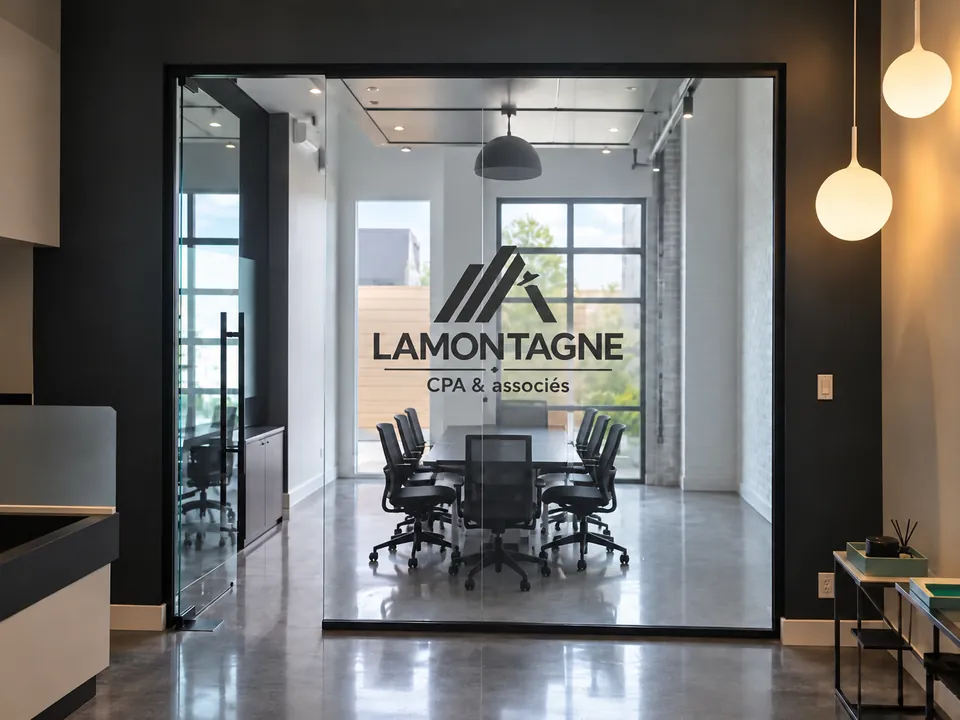 Visualisation des bureaux Lamontagne CPA & Associés inc. avec le logo actuel sur la vitre